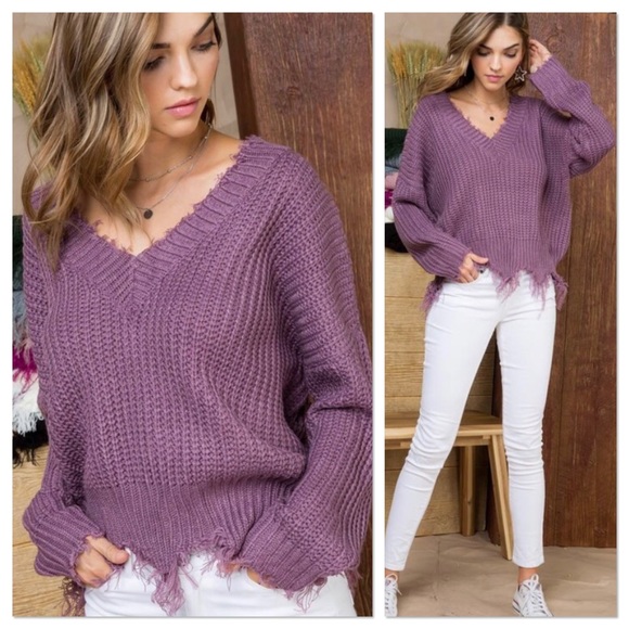 Lavender Frayed V Neck Sweater - Picture 2 of 4
